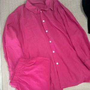 Vibrant Pink Button-Up Shirt and Shorts Set